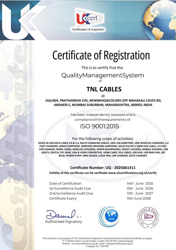 ISO 9001:2015 Certificate of Registration - TNL Cables